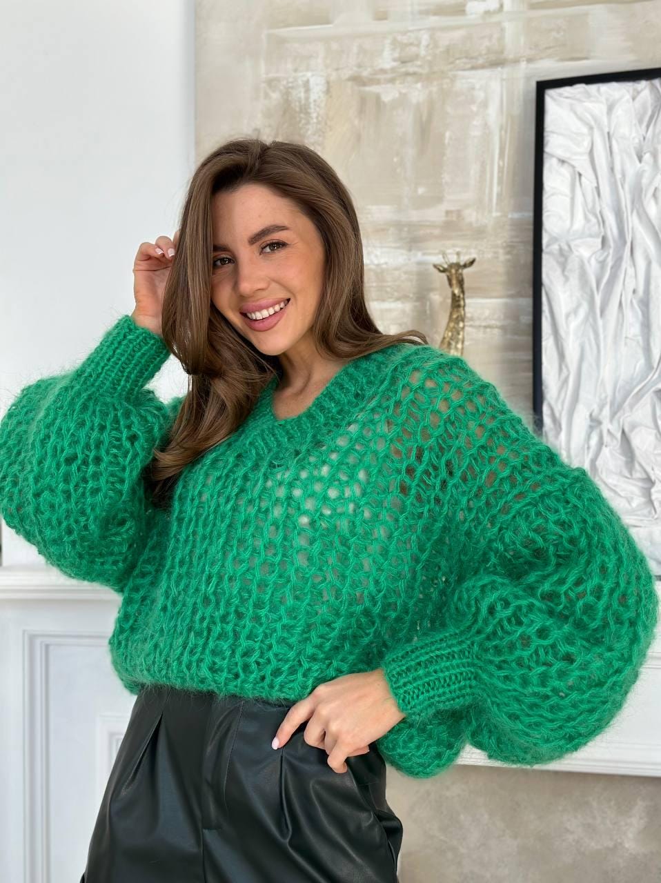 Mohair Maglione Donna Verde Smeraldo Maglione In Mohair Lavorato