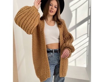 Handmade Beige Oversized Cardigan, Chunky Knit Women's Sweater, Unique Spring Gift Idea