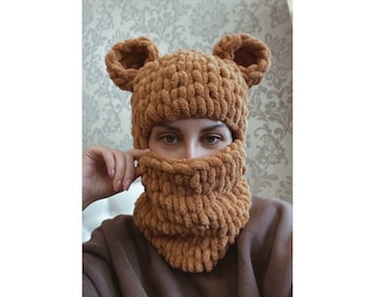 Balaclava Face Hat, Milk Balaclava Knit, Balaclava With Ears Bear, Plush Winter Hat, Gift for Her