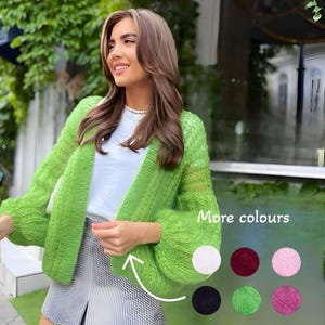 Cardigan in mohair verde, cardigan oversize in maglia, cardigan leggero in maglia, giacca in lana bolero, maglione in mohair da donna, regalo per madre e figlia