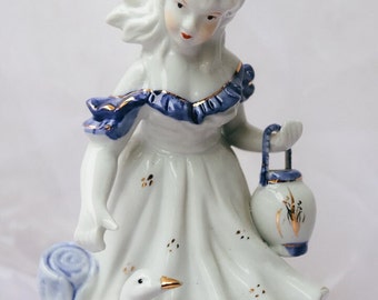 Vintage Porzellan Figur, Mädchen mit Ente, 1970er Jahre, exzellenter Zustand, Porzellan Dekor, romantisch, weiß und blau, schickes Dekor