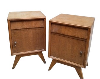 Mid century nightstands, mcm, 1950's, mid century bedside tables, veneer, teak, mid century bedroom,angled drawer