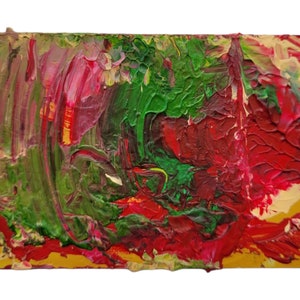 Original Miniatur Acrylgemälde "Rot Pink Grüns und Pfirsich auf Gold I" 85 x 55 mm