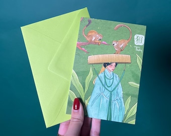Monkey Greeting Card and Envelope - Vietnamese and Chinese (Asian) Zodiac Sign, Year of Monkey
