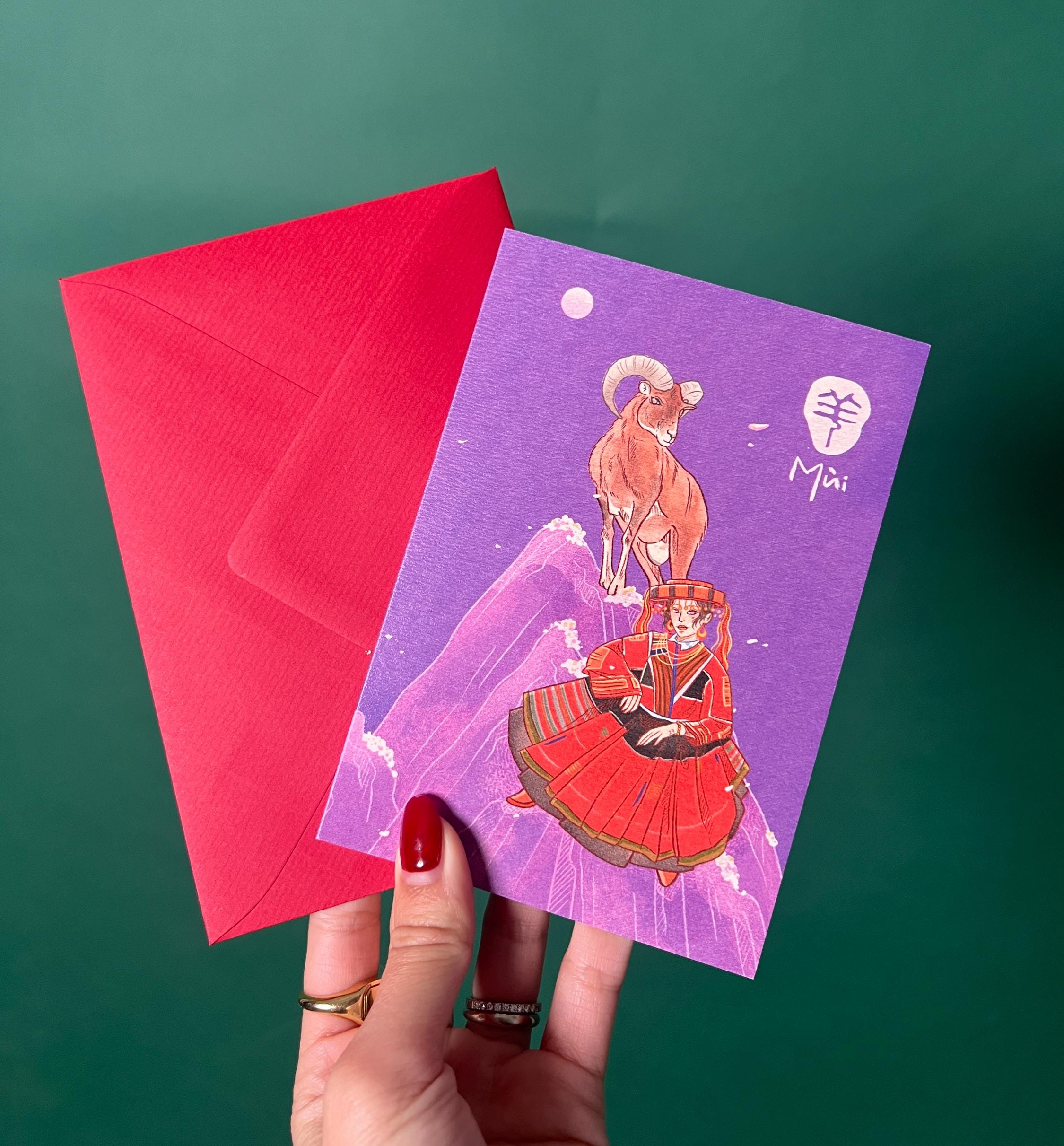 Goat Greeting Card with Envelope - Vietnamese and Chinese (Asian) Zodiac Sign, Year of Goat