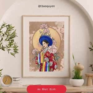 May include: A framed illustration of a woman in a traditional Vietnamese dress, wearing a blue hat and holding a colorful sash. The background features pink flowers and a golden circle with a stylized design. The text "Ao Nhat Binh" is below the image.