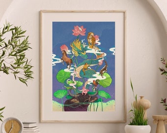 Vietnamese Zodiac Signs | Vietnam Art | Vietnam Illustration | Asia Poster Print | Wall Art | Zodiac Signs | 12 Zodiac | Lunar New Year