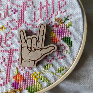 I love you Sign Language, ASL Cross Stitch Needle Minder, Wood Magnetic Needle Minder. Hand embroidery, Needle Keeper image 1