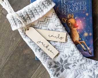 Engraved Modern Wood Stocking Name Tag