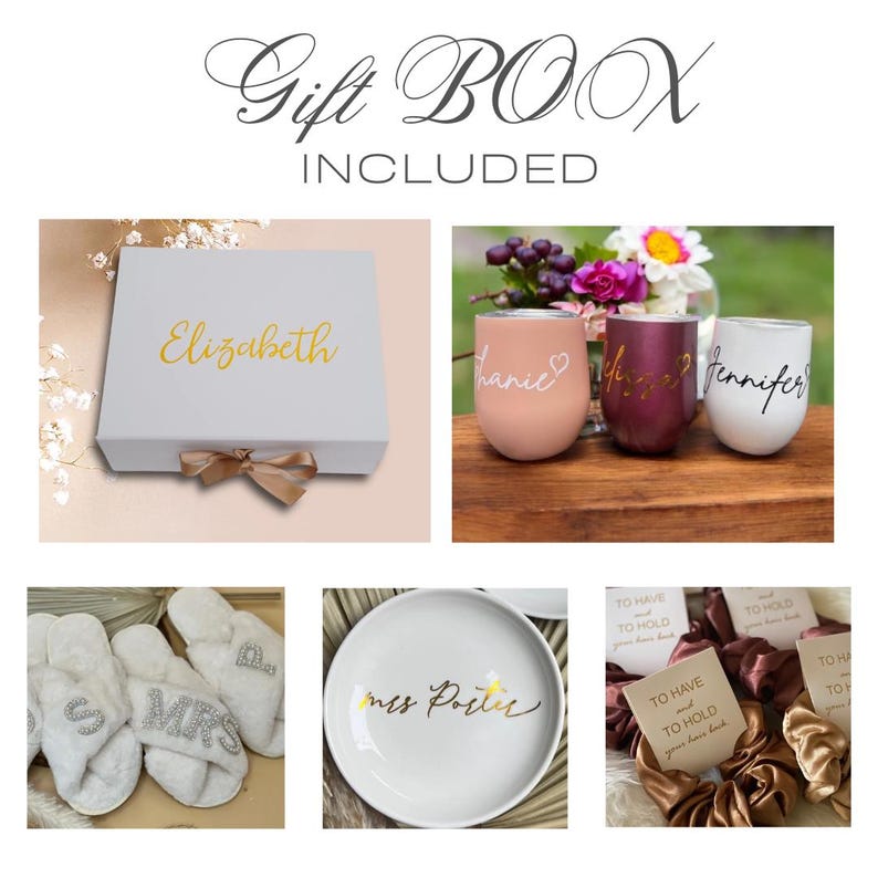 May include: A bridal party gift box set. The set includes a white gift box with a gold ribbon, three personalised tumblers, a pair of white slippers with rhinestone embellishments, a white ceramic dish with gold lettering, and three brown satin scrunchies with gift tags that say "To Have and To Hold".