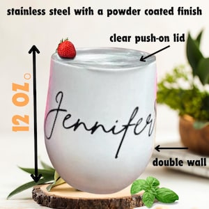 May include: A white, double-walled, 12-ounce tumbler with a clear push-on lid. The tumbler has a powder-coated finish and the name "Jennifer" is written on the side in black cursive.