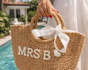 Personalized Straw Tote Bag with Pearl Letters , Birthday Surprise,  Beach Trip Bag, Custom straw bag, Coastal Vacations & Girls’ Trips