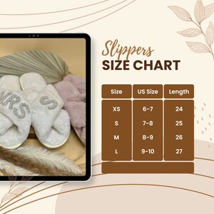 May include: White fluffy slippers with the word "MRS" and "S" in rhinestones. Size chart with UK sizes 6-7, 7-8, 8-9, and 9-10, corresponding to lengths of 24, 25, 26, and 27 inches.