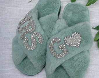 NEW COLOR! Sage Green Personalized Slippers- Spa Slippers -  Initials Slippers - Bride Bridesmaids Slippers - Bride Gift - Bridesmaid Gift