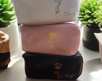 Personalized Vegan Leather Cosmetic Bag, Birth Flower Design