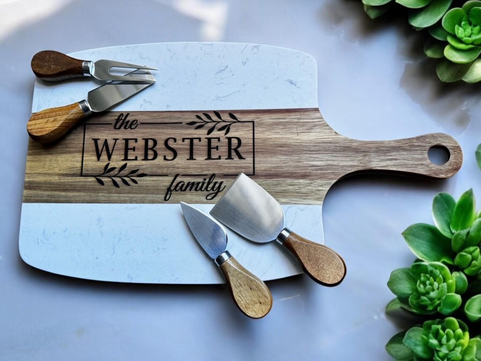 Engraved Acacia Wood & Marble Charcuterie Board Set With Serving Tools ...