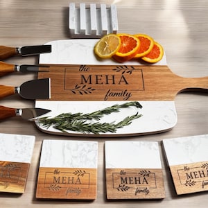 Engraved Acacia Wood Marble Charcuterie Board & Coasters Set, Personalized Cheese Board, Housewarming Gifts, Wedding Gifts