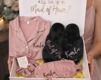 Personalized Bridesmaid Proposal Box, Satin Pajamas, Sleep Mask & Slippers