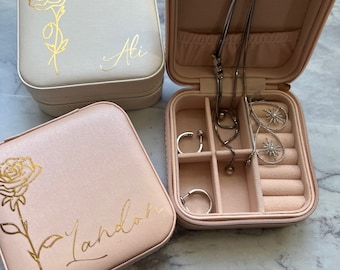 Personalized Birth Flower Leather Jewelry Travel Case, Birthday Gift
