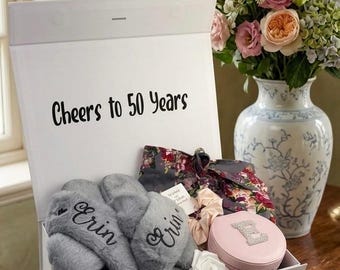 50th Birthday Gift Box for Her,  Floral Robe,  Slippers & Jewelry Box, Luxury Gift