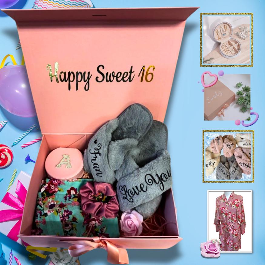 Sweet Sixteen Celebration Luxury Gift , Sweet 16 Gift Box, Floral  ROBE with Custom Slippers and Jewelry Box, Quinceanera Gift Box