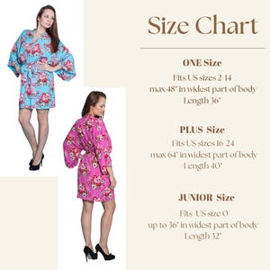 May include: Two women modeling floral print robes in the image. One robe is light blue with pink flowers, the other is pink with red flowers. The image also includes a size chart with measurements in inches for One Size, Plus Size, and Junior Size robes.