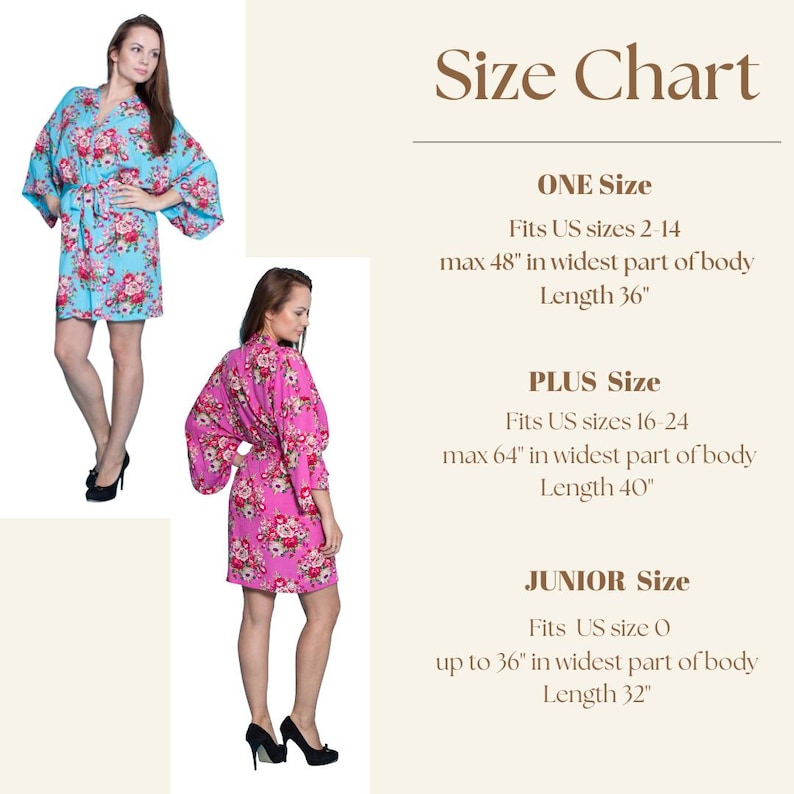 May include: Two women modeling floral print robes in the image. One robe is light blue with pink flowers, the other is pink with red flowers. The image also includes a size chart with measurements in inches for One Size, Plus Size, and Junior Size robes.