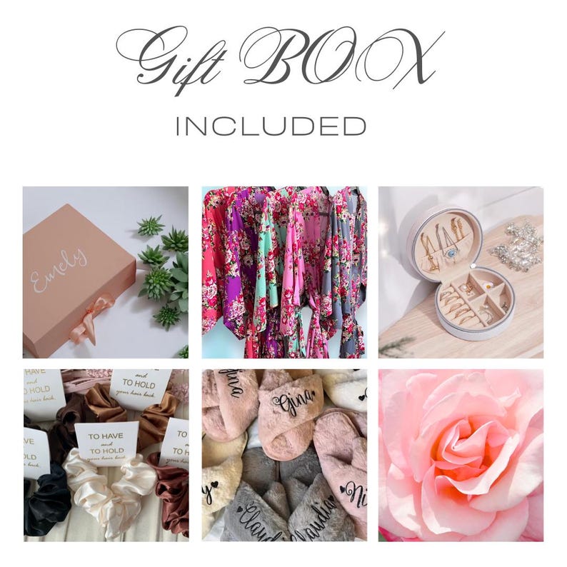 May include: A gift box with the text "Gift Box Included" at the top. The box is peach-colored with the name "Emely" on it. Other items include floral robes, jewelry, scrunchies, personalized slippers, and a pink rose.