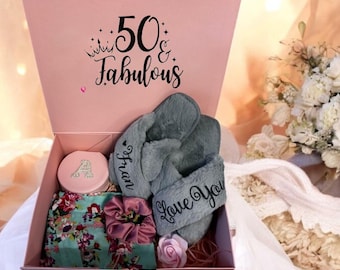 Personalized 50th Birthday Keepsake Box Gift with Floral  ROBE, Custom Slippers and Jewelry Box, Sending Healing Vibes Gift Box
