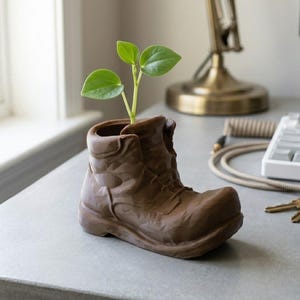 May include: A brown boot-shaped planter with a matte finish, featuring a molded lace-up design and a thick sole. A small green plant with three leaves is growing out of the top opening of the boot, which serves as a container for the plant.