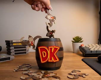 Donkey Kong Monkeys in a Barrel Game | Retro Gaming Desk Decor Toy, Gamer Gift, Barrel Organizer,Office Accessory Collectible
