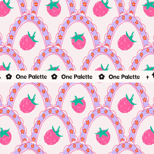 May include: A seamless pattern featuring pink raspberries with green leaves on a light pink background. The raspberries are arranged in a repeating pattern of arches with a purple and orange border.