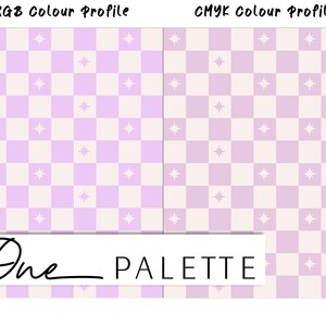 May include: A digital color palette with two checkerboard patterns. The left side is a light purple and white checkerboard with white stars. The right side is a light beige and light purple checkerboard with white stars. The text "One Palette" is at the bottom of the image.