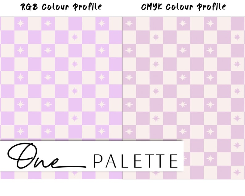 May include: A digital color palette with two checkerboard patterns. The left side is a light purple and white checkerboard with white stars. The right side is a light beige and light purple checkerboard with white stars. The text "One Palette" is at the bottom of the image.