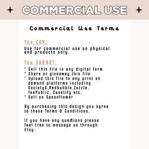May include: A white text document with black text outlining the terms of commercial use for a digital design. The text states that the design can be used for commercial use on physical end products only. The text also states that the design cannot be sold in any digital form, shared or given away, uploaded to any print-on-demand platforms, or sold on Spoonflower.