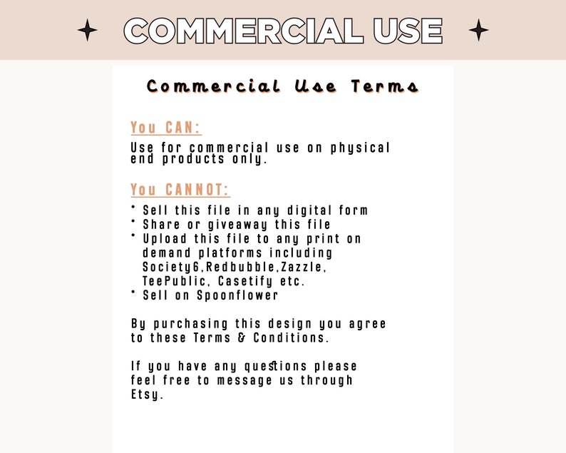 May include: A white text document with black text outlining the terms of commercial use for a digital design. The text states that the design can be used for commercial use on physical end products only. The text also states that the design cannot be sold in any digital form, shared or given away, uploaded to any print-on-demand platforms, or sold on Spoonflower.