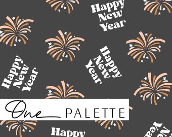 May include: A seamless pattern featuring a dark gray background with white text that reads "Happy New Year" and stylized orange and pink fireworks.