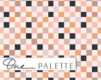 May include: A seamless pattern with a checkered design featuring black, peach, light brown, and beige squares. The text "One Palette" is written in black at the bottom of the image.