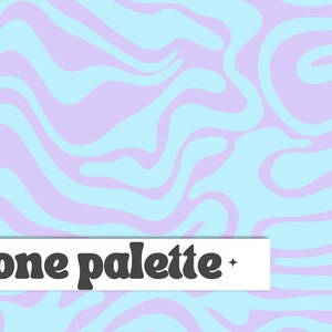 Può includere: Sfondo astratto con un motivo ondulato in azzurro e lavanda. Il testo "one palette" è centrato in un rettangolo bianco.