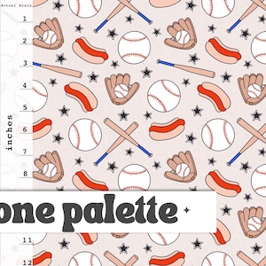May include: A seamless pattern featuring baseballs, hot dogs, and baseball gloves on a light pink background. The pattern is repeated throughout the image.