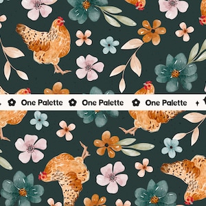 EVERLEE |  Fall Floral Chicken Hens Watercolor Seamless Digital Pattern, Seamless Repeat Pattern, Fabric Pattern, Chicken Hen Seamless File