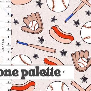 May include: A seamless pattern featuring baseballs, bats, gloves, hot dogs, and stars on a light beige background. The pattern is perfect for fabric, wallpaper, or wrapping paper.