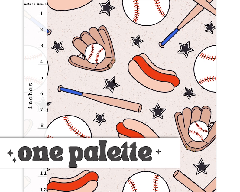 May include: A seamless pattern featuring baseballs, bats, gloves, hot dogs, and stars on a light beige background. The pattern is perfect for fabric, wallpaper, or wrapping paper.