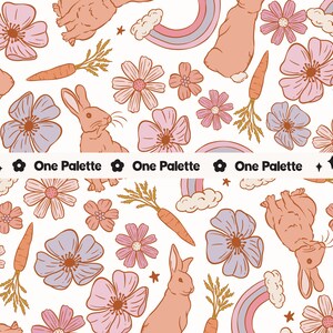 Könnte beinhalten: Ein sich wiederholendes Muster mit Hasen, Karotten, Blumen, Regenbogen und Sternen in Pfirsich-, Rosa-, Lavendel- und Brauntönen auf weißem Hintergrund. Der Text "One Palette" wiederholt sich.