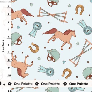 May include: A seamless pattern featuring a light blue background with various equestrian-themed illustrations, including horses, riding helmets, horseshoes, and blue ribbons. The pattern also includes small white stars.