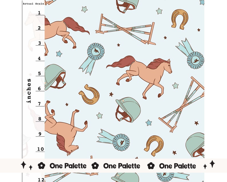 May include: A seamless pattern featuring a light blue background with various equestrian-themed illustrations, including horses, riding helmets, horseshoes, and blue ribbons. The pattern also includes small white stars.