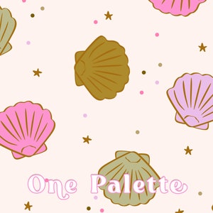May include: A seamless pattern featuring a variety of seashells in pink, purple, and brown colours. The background is a light cream colour with scattered pink and brown dots and gold stars. The text "One Palette" is written in pink letters at the bottom of the image.