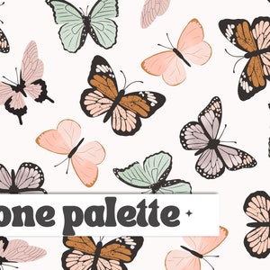 Peut inclure: Un motif sans couture représentant différents papillons dans des tons de rose, vert, marron et violet. Les papillons sont disposés en motif répétitif sur un fond blanc. Le texte "one palette" est écrit en lettres noires sur une bannière blanche.