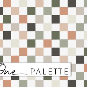 May include: A seamless pattern with a checkered design in shades of brown, green, and beige. The pattern is repeated throughout the image. The text "One Palette" is written in black at the bottom of the image.