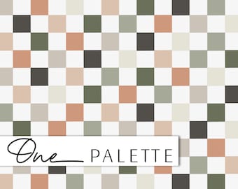May include: A seamless pattern with a checkered design in shades of brown, green, and beige. The pattern is repeated throughout the image. The text "One Palette" is written in black at the bottom of the image.